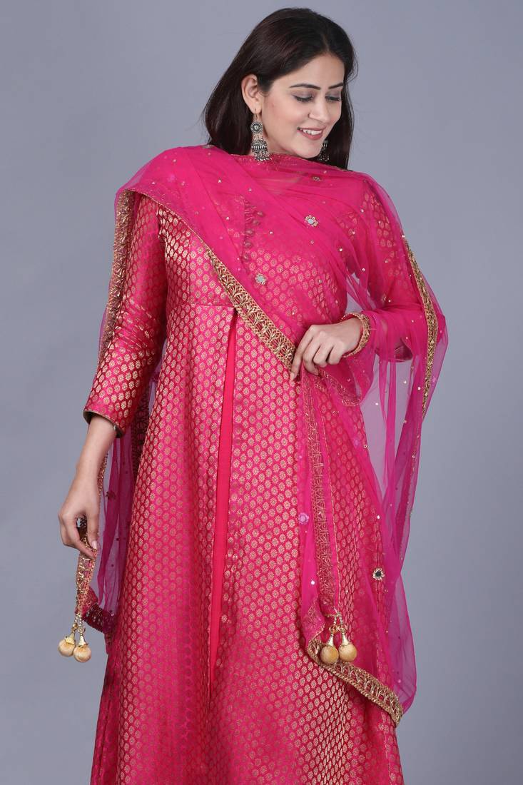 Pink Brocade Double Layered Jacket Style Kurti with Pink Mirror Stone Net Dupatta