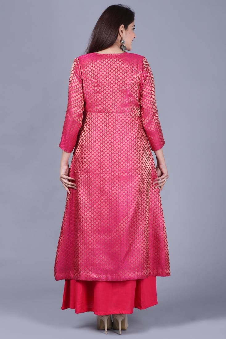 Pink Brocade Double Layered Jacket Style Kurti with Pink Mirror Stone Net Dupatta