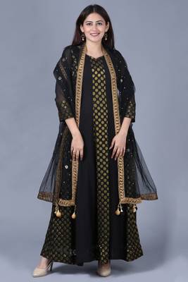 Black Gold Georgette Banarsi Floor Length Kurti with Black Mirror Stone Dupatta 1
