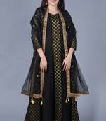 Black Gold Georgette Banarsi Floor Length Kurti with Black Mirror Stone Dupatta