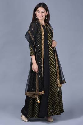Black Gold Georgette Banarsi Floor Length Kurti with Black Mirror Stone Dupatta 2