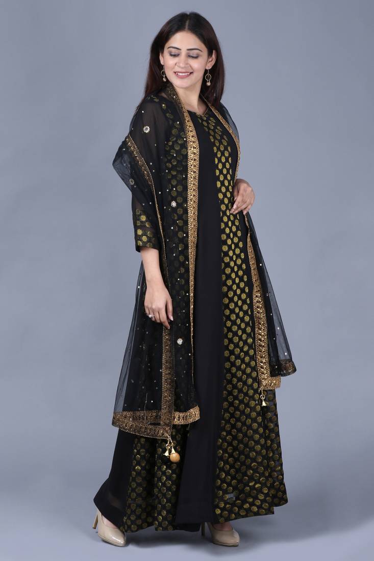 Black Gold Georgette Banarsi Floor Length Kurti with Black Mirror Stone Dupatta