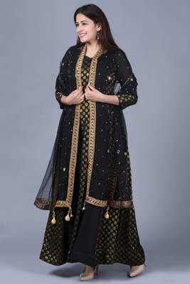 Black Gold Georgette Banarsi Floor Length Kurti with Black Mirror Stone Dupatta 3