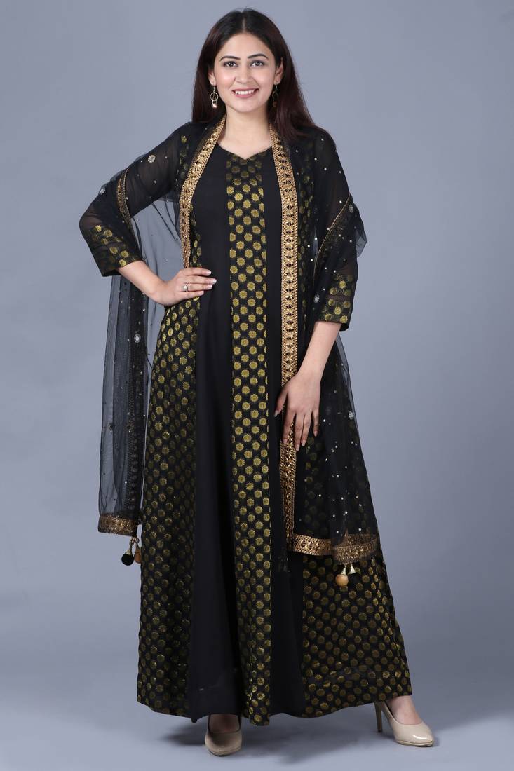 Black Gold Georgette Banarsi Floor Length Kurti with Black Mirror Stone Dupatta