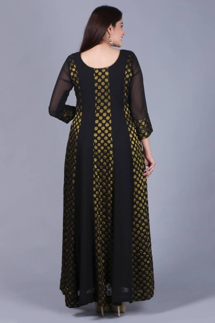 Black Gold Georgette Banarsi Floor Length Kurti with Black Mirror Stone Dupatta
