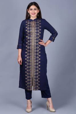 Blue Rayon Foil Printed Collared Kurti with Straight Pants 1