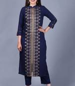 Blue Rayon Foil Printed Collared Kurti with Straight Pants