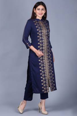 Blue Rayon Foil Printed Collared Kurti with Straight Pants 2