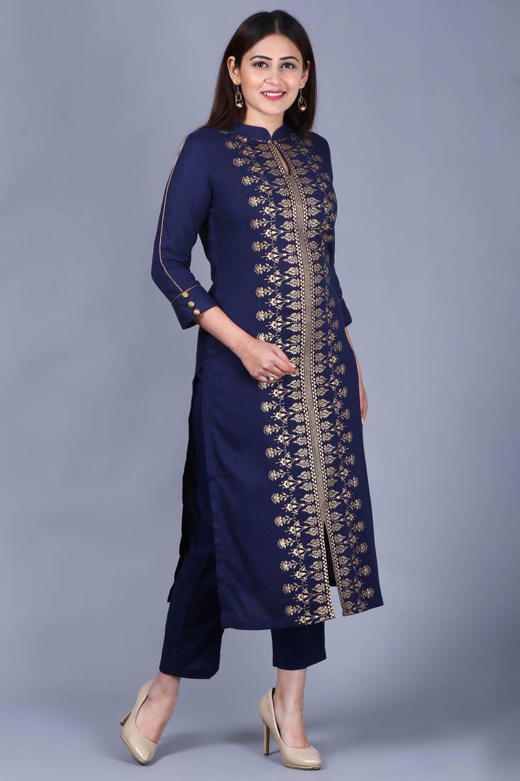 Blue Rayon Foil Printed Collared Kurti with Straight Pants