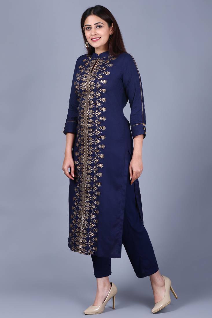 Blue Rayon Foil Printed Collared Kurti with Straight Pants
