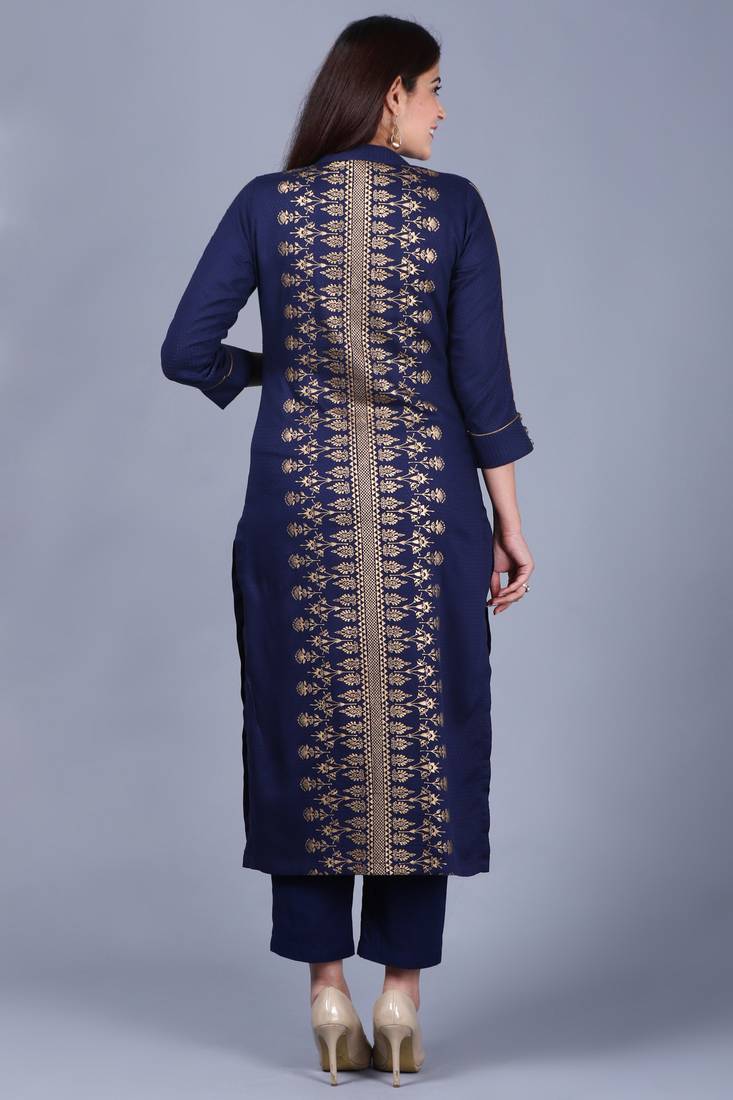 Blue Rayon Foil Printed Collared Kurti with Straight Pants