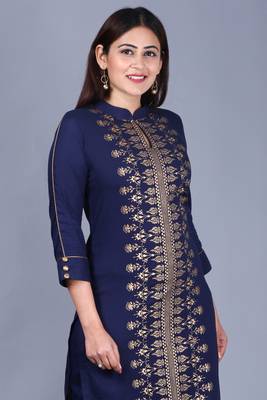 Blue Rayon Foil Printed Collared Kurti with Straight Pants 5
