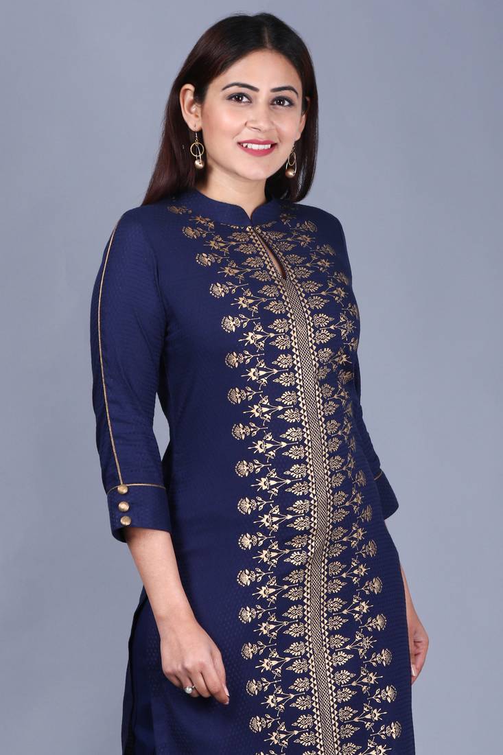 Blue Rayon Foil Printed Collared Kurti with Straight Pants