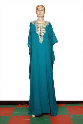 Turquoise embroidered georgette islamic kaftan 1