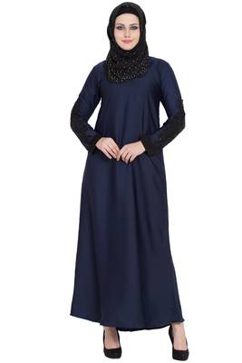 Navy blue nida sleeves embroidered abaya 1