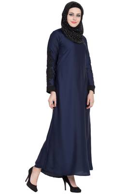 Navy blue nida sleeves embroidered abaya 2