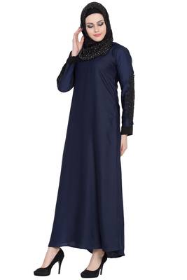 Navy blue nida sleeves embroidered abaya 3