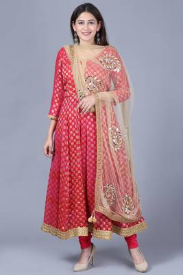 Pink red georgette Banarasi anarkali with leggings and gold mirror paisley net dupatta 1