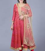 Pink red georgette Banarasi anarkali with leggings and gold mirror paisley net dupatta