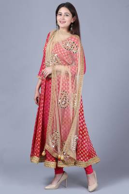 Pink red georgette Banarasi anarkali with leggings and gold mirror paisley net dupatta 3