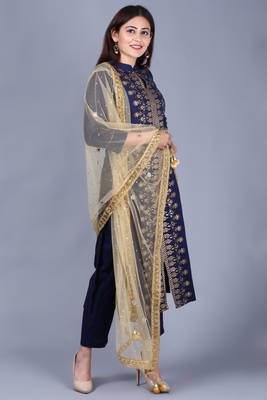 Blue rayon foil printed collared salwar with straight pants and gold stone net dupatta 1