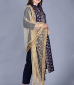Blue rayon foil printed collared salwar with straight pants and gold stone net dupatta