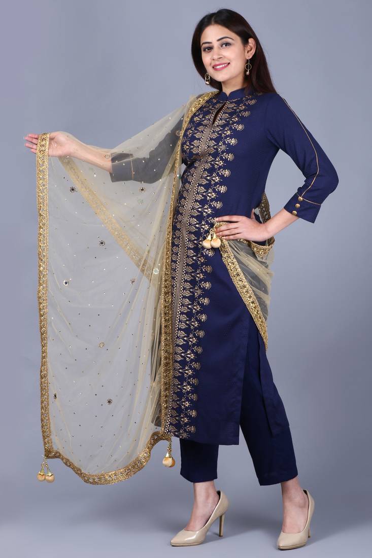 Blue rayon foil printed collared salwar with straight pants and gold stone net dupatta