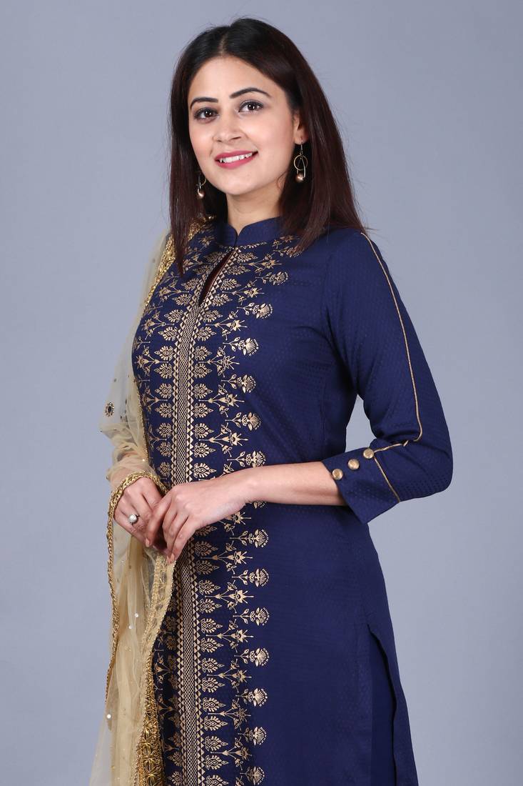 Blue rayon foil printed collared salwar with straight pants and gold stone net dupatta