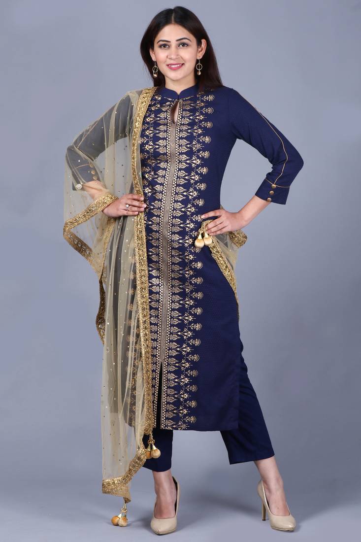 Blue rayon foil printed collared salwar with straight pants and gold stone net dupatta