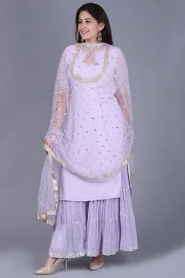 Lavender georgette short salwar with gathered sharara and sequence pearl dupatta 1