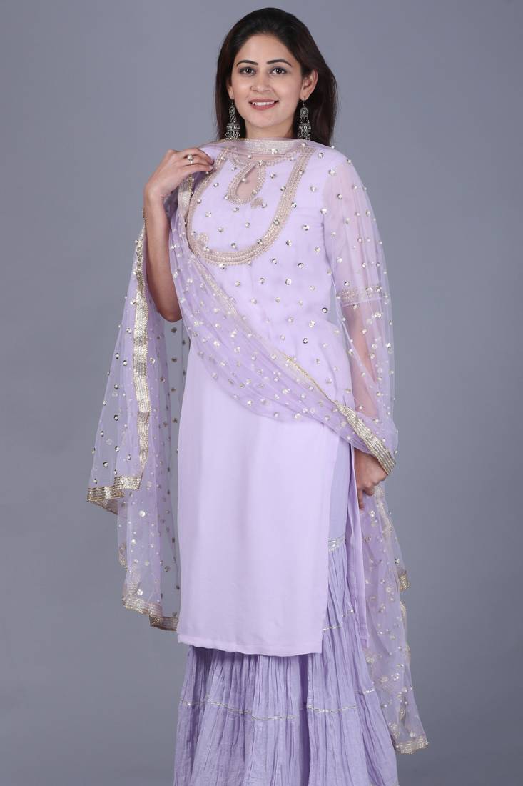 Lavender georgette short salwar with gathered sharara and sequence pearl dupatta