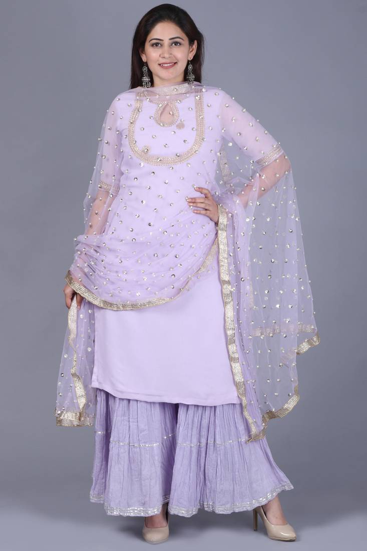 Lavender georgette short salwar with gathered sharara and sequence pearl dupatta