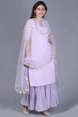 Lavender georgette short salwar with gathered sharara and sequence pearl dupatta 4