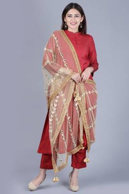 maroon flared salwar with straight pants and net mirror trails dupatta 2