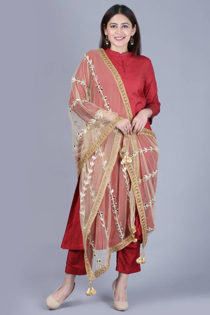 maroon flared salwar with straight pants and net mirror trails dupatta