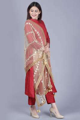 maroon flared salwar with straight pants and net mirror trails dupatta 3