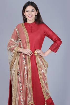 maroon flared salwar with straight pants and net mirror trails dupatta 4