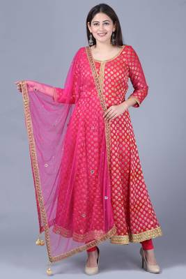 Pink red georgette Banarasi anarkali with leggings and pink mirror stone net dupatta 1