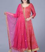 Pink red georgette Banarasi anarkali with leggings and pink mirror stone net dupatta