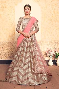 Brown Embroidered Satin Semi Stitched wedding lehenga