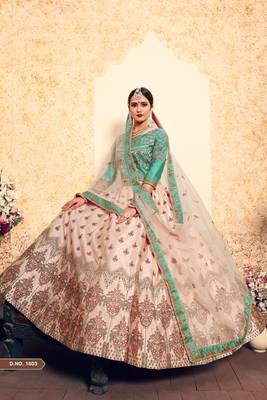 Peach Resham and Zari Embroidered Satin Semi Stitched wedding Lehenga choli 1