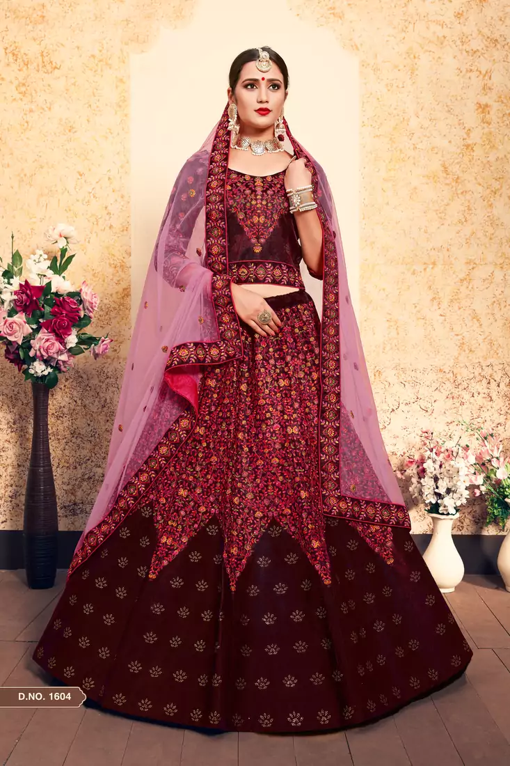 Maroon Embroidered Satin Semi Stitched wedding lehenga