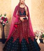 Seductive Navy Blue Thread Embroidered Swarovski and Stone Work Satin Semi Stitched Party Wear Lehenga choli
