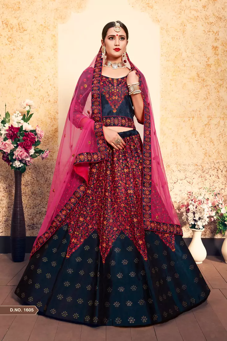 Navy Blue Embroidered Satin Semi Stitched wedding lehenga