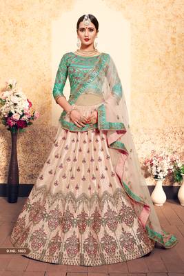 Peach Resham and Zari Embroidered Satin Semi Stitched wedding Lehenga choli 2