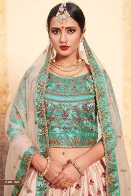 Peach Resham and Zari Embroidered Satin Semi Stitched wedding Lehenga choli 3