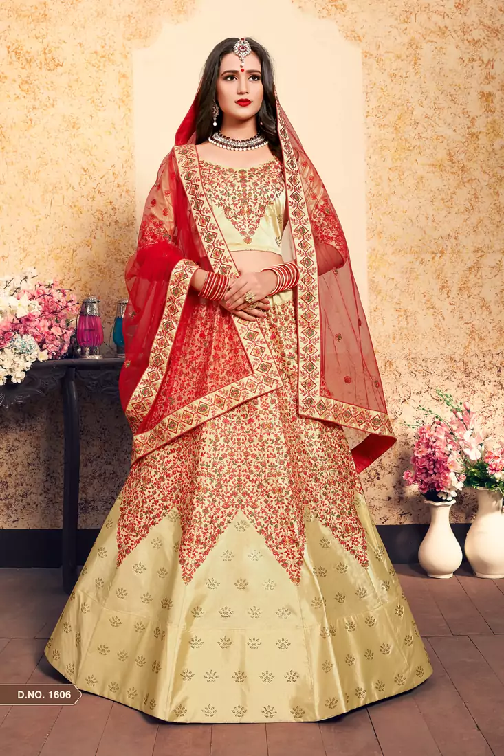 Beige Embroidered Satin Semi Stitched wedding lehenga