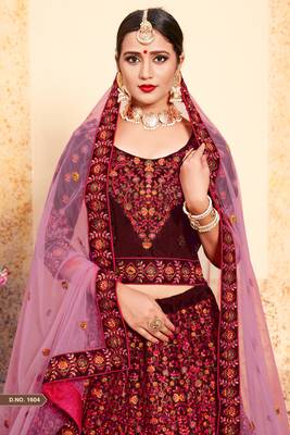Alluring Maroon Thread Embroidered Swarovski and Stone Work Satin Semi Stitched Lehenga 4