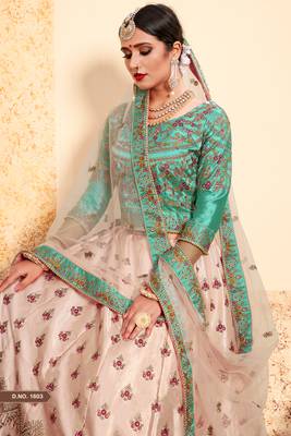 Peach Resham and Zari Embroidered Satin Semi Stitched wedding Lehenga choli 4