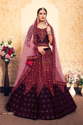 Glamorous Brown Thread Embroidered Swarovski and Stone Work Satin Semi Stitched wedding Lehenga 1